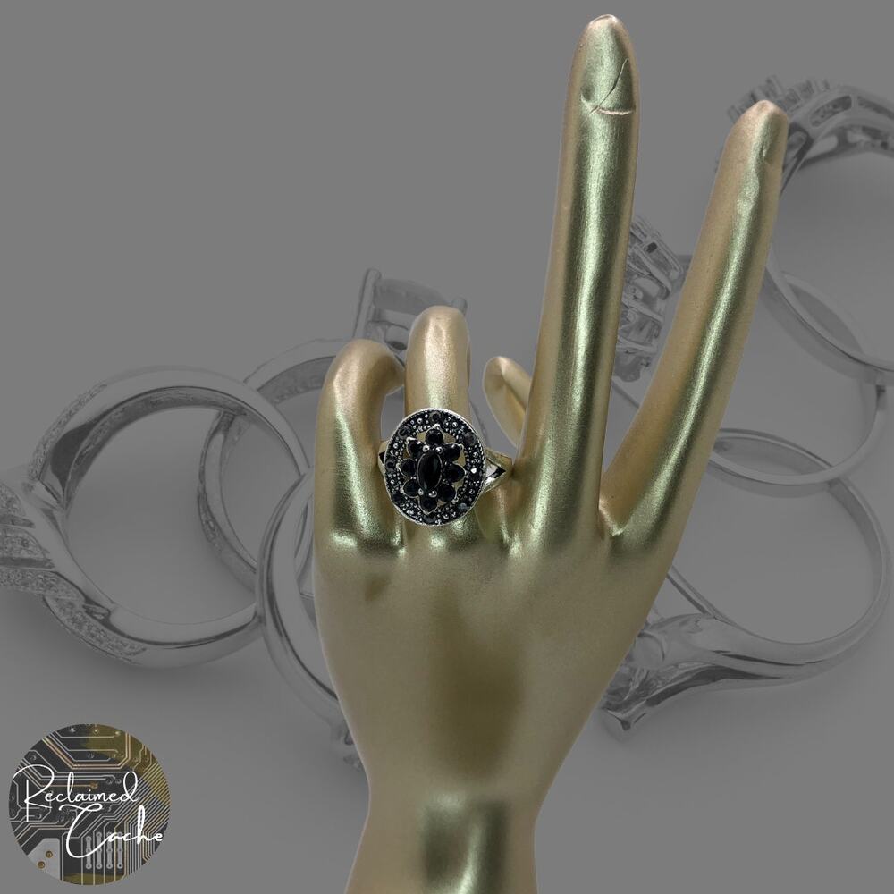 Silver and Black Rhinestone Statement Ring - Size 6.5